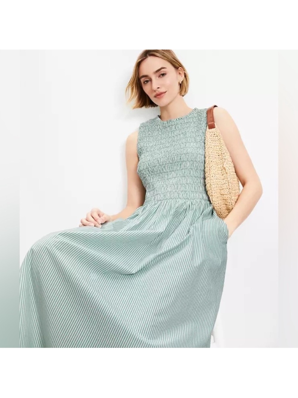 LOFT Striped Smocked Maxi Dress in Mint Green